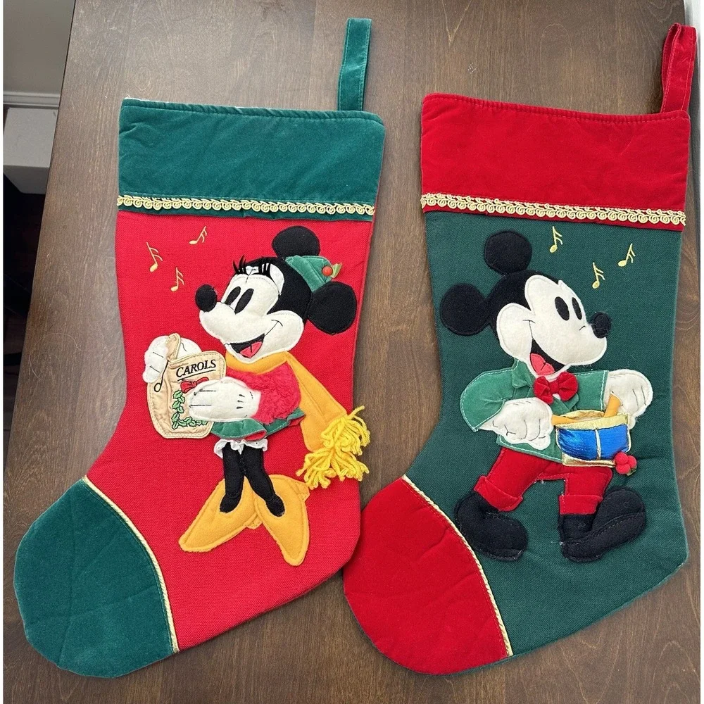 Vintage Disney Mickey Minnie Mouse Felt 3D Christmas Stocking Drummer Caroler